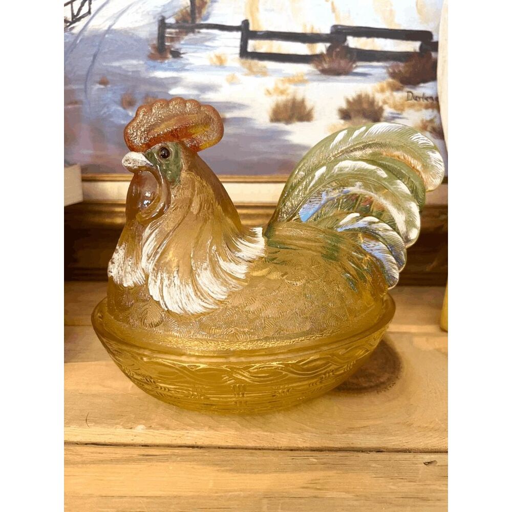 Vintage Fenton Rooster on Nest Covered Dish 7 Inch Hand Painted Art Glass